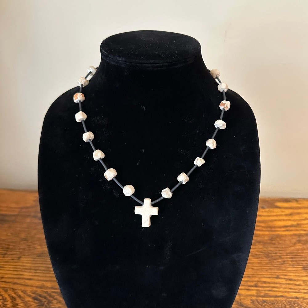Handmade White Stone‎ Cross Pendant Necklace Organic Bead Black Cord 18.5 Inch